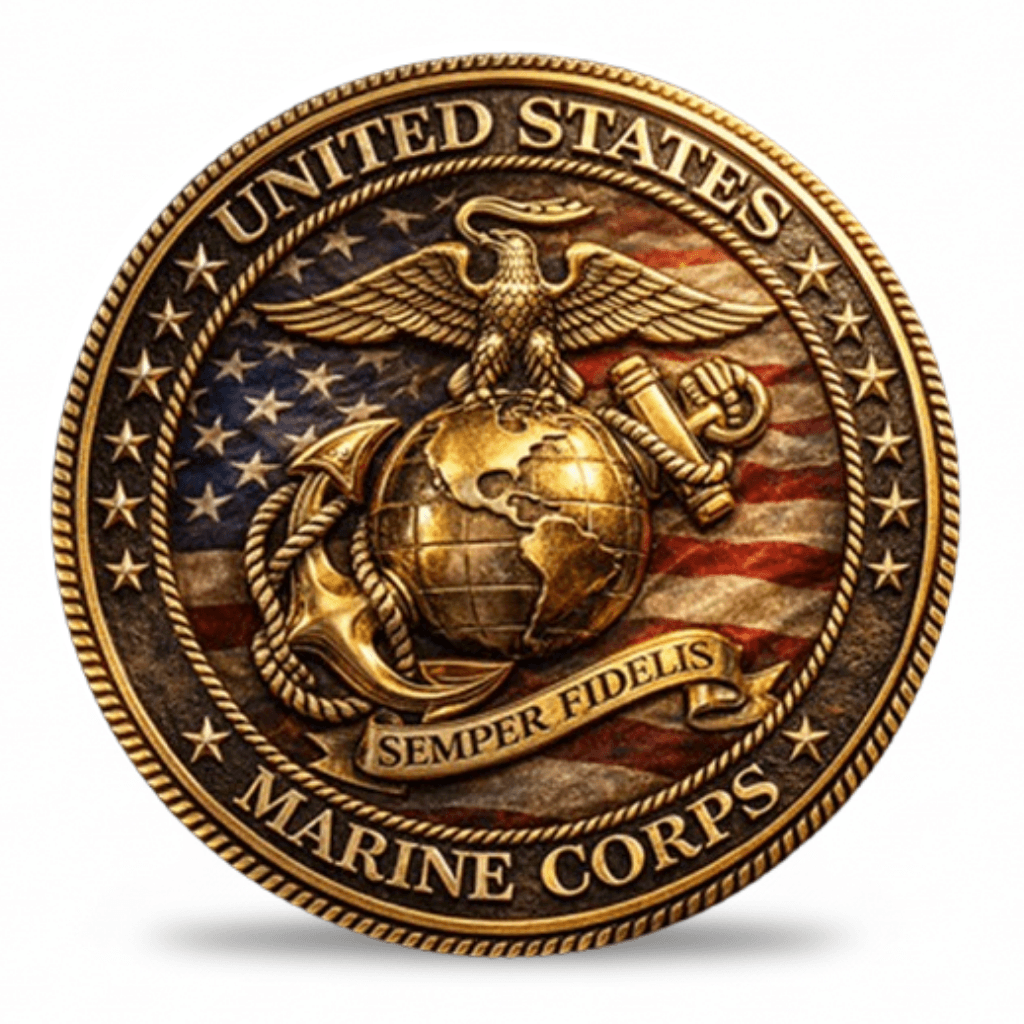 United States Marine Corps Eagle Globe Anchor Semper Fidelis collectible coin reverse face antique bronze gold rim military veteran collectible token
