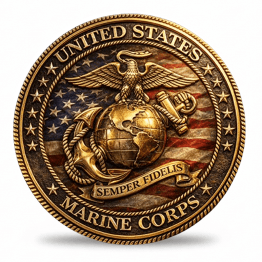 United States Marine Corps Eagle Globe Anchor Semper Fidelis collectible coin reverse face antique bronze gold rim military veteran collectible token
