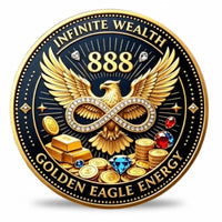 Vault of Abundance 888 Golden Eagle coin front face open gold bank vault overflowing gold coins dollar bills diamond crystal navy blue enamel starburst rays everyday prosperity gold collectible available at One More Coin store
