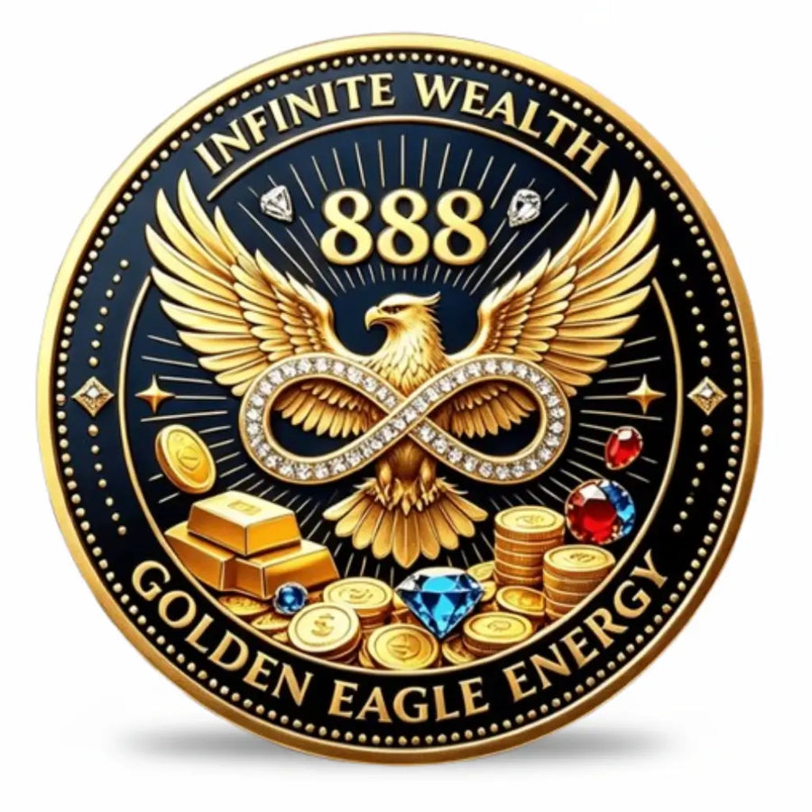 Vault of Abundance 888 Golden Eagle coin front face open gold bank vault overflowing gold coins dollar bills diamond crystal navy blue enamel starburst rays everyday prosperity gold collectible available at One More Coin store
