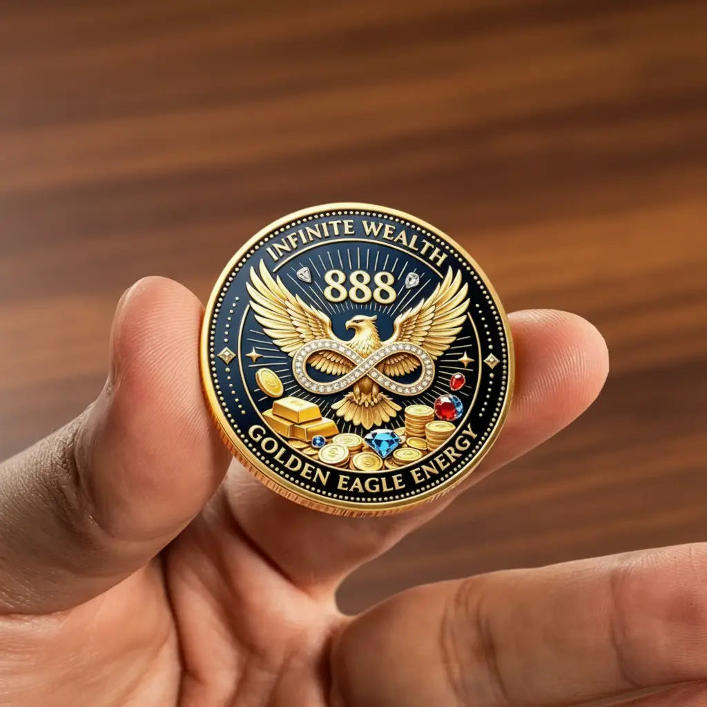Hand holding Vault of Abundance 888 Golden Eagle coin showing infinite wealth 888 golden eagle diamond infinity symbol gold bars gemstones black enamel prosperity collectible