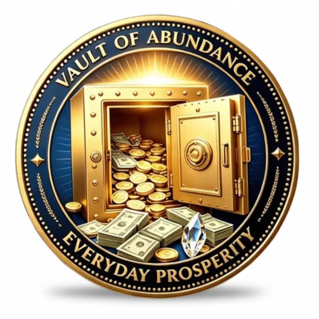 Vault of Abundance 888 Golden Eagle coin reverse golden eagle wings spread diamond infinity symbol 888 numerals gold bars blue red gemstones black enamel infinite wealth golden eagle energy prosperity collectible token
