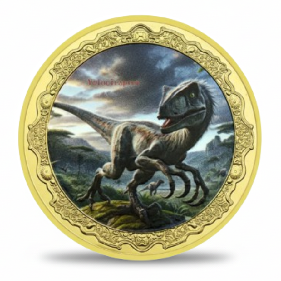 Velociraptor dinosaur collectible coin prehistoric raptor challenge coin gift for collectors available at One More Coin store
