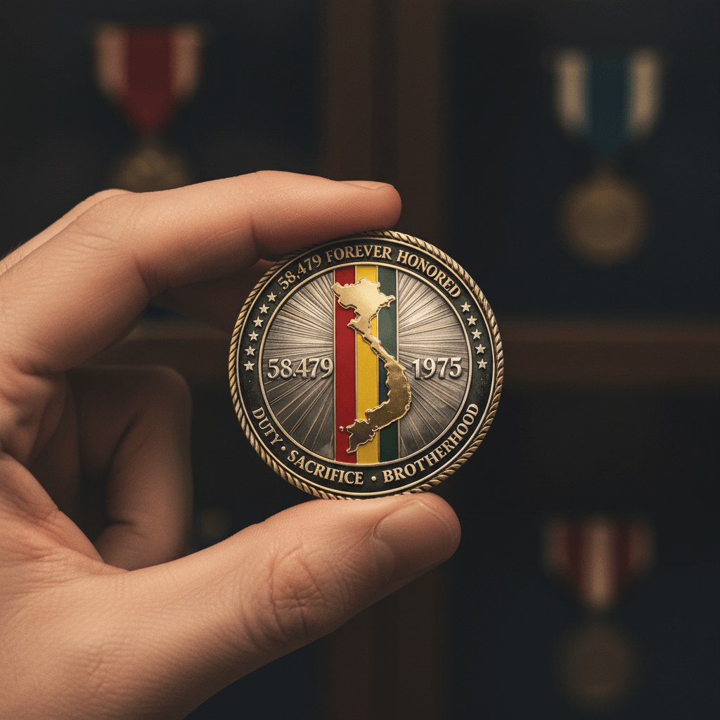 A hand holds a commemorative military coin featuring the text '58 479 FOREVER HONORED', '1975', and 'DUTY • SACRifice • BROTHERHOOD' around a central vertical tricolor stripe design in red, yellow, and green, with a gold-toned map-like emblem. The background is a dark, blurred display of other medals.