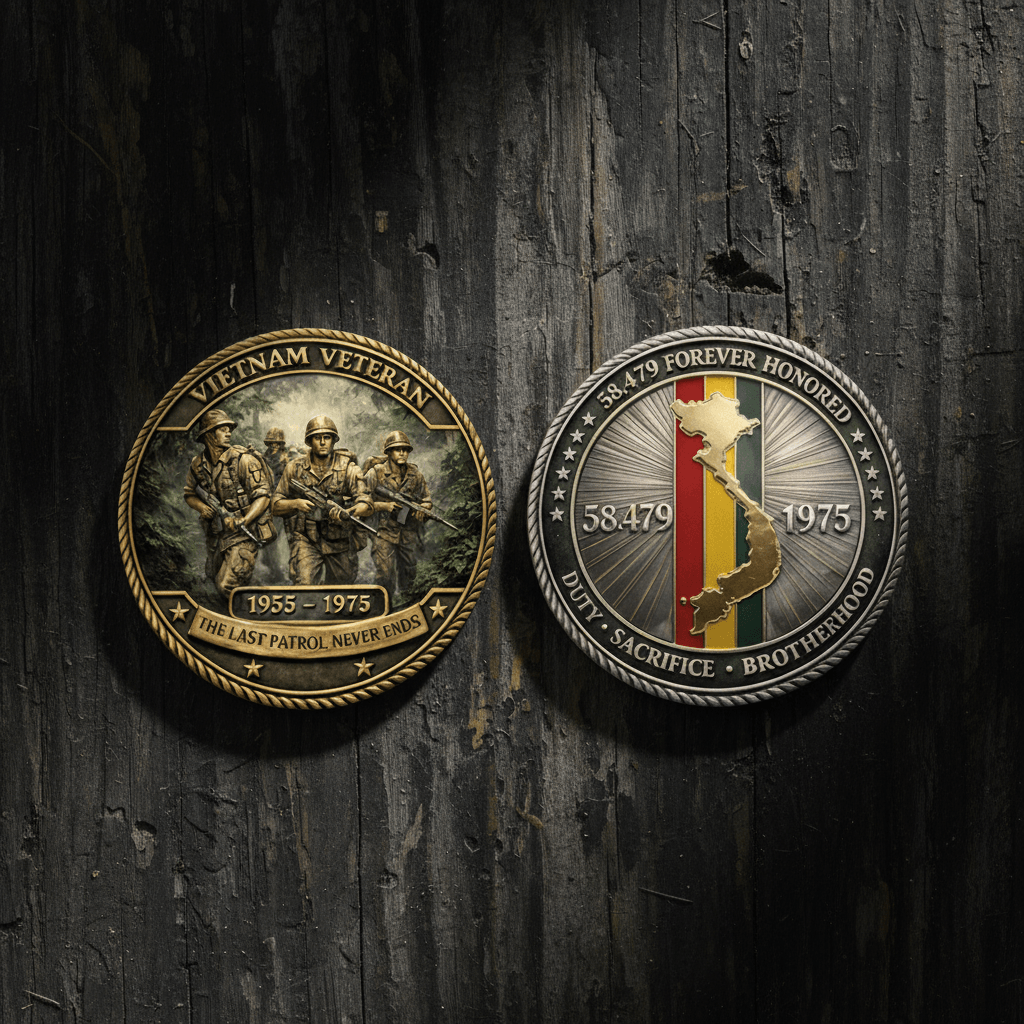 Two commemorative military-style coins displayed side by side on a dark weathered wood background. The left coin is gold-toned and reads 'Vietnam Veteran 1955-1975'; the right coin is silver-toned with a red, yellow, and green map design and the text '58479 1975' and 'Duty Sacrifice Brotherhood'.