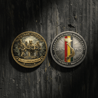 Two commemorative military-style coins displayed side by side on a dark weathered wood background. The left coin is gold-toned and reads 'Vietnam Veteran 1955-1975'; the right coin is silver-toned with a red, yellow, and green map design and the text '58479 1975' and 'Duty Sacrifice Brotherhood'.