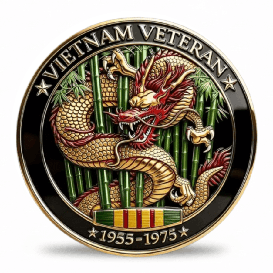 Vietnam Veteran collectible coin reverse featuring gold dragon through bamboo with 1955 to 1975 inscription and Vietnam Service Ribbon — military challenge coin collectible token
