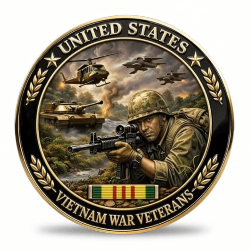 United States Vietnam War Veterans commemorative collectible coin featuring soldier helicopter and tank combat scene with Vietnam Service Ribbon available at One More Coin store
