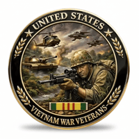 United States Vietnam War Veterans commemorative collectible coin featuring soldier helicopter and tank combat scene with Vietnam Service Ribbon available at One More Coin store
