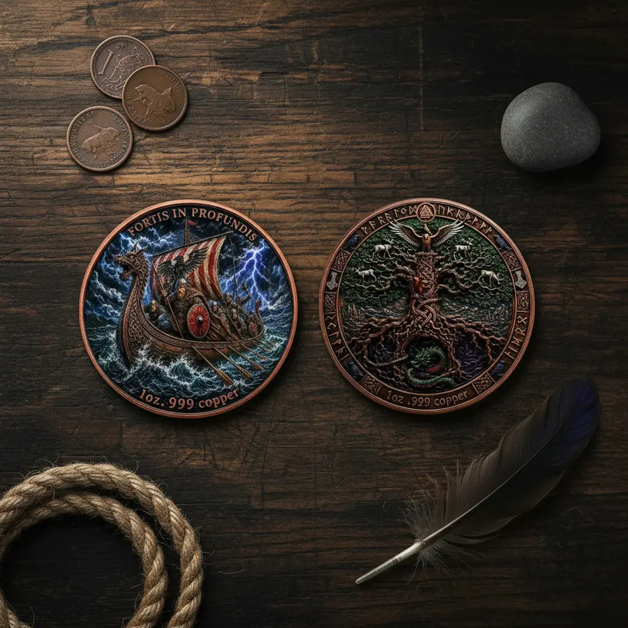 Viking Longship Yggdrasil coin both sides overhead flat lay dark weathered oak raven feather rope river stone copper coins Viking atmosphere Norse mythology collectible