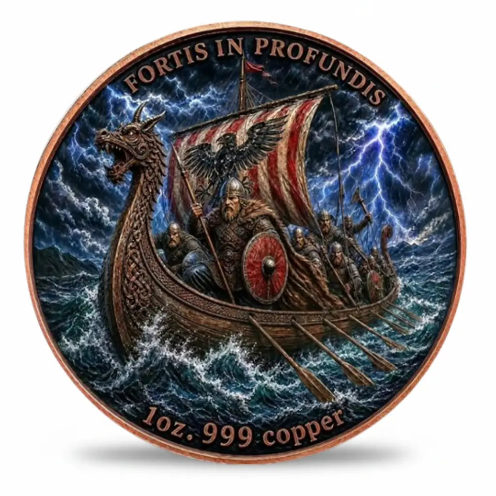 Viking Longship Yggdrasil coin front face dragon prow longship stormy ocean lightning warriors red shield striped sail black eagle emblem Celtic knotwork copper Norse collectible available at One More Coin store