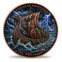 Viking Longship Yggdrasil coin front face dragon prow longship stormy ocean lightning warriors red shield striped sail black eagle emblem Celtic knotwork copper Norse collectible available at One More Coin store