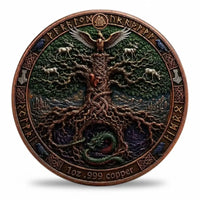 Viking Longship Yggdrasil coin reverse World Tree Yggdrasil Celtic knotwork roots Nidhoggr serpent white stags eagle crown ravens Valknut Elder Futhark runes Mjolnir outer band Norse mythology collectible token
