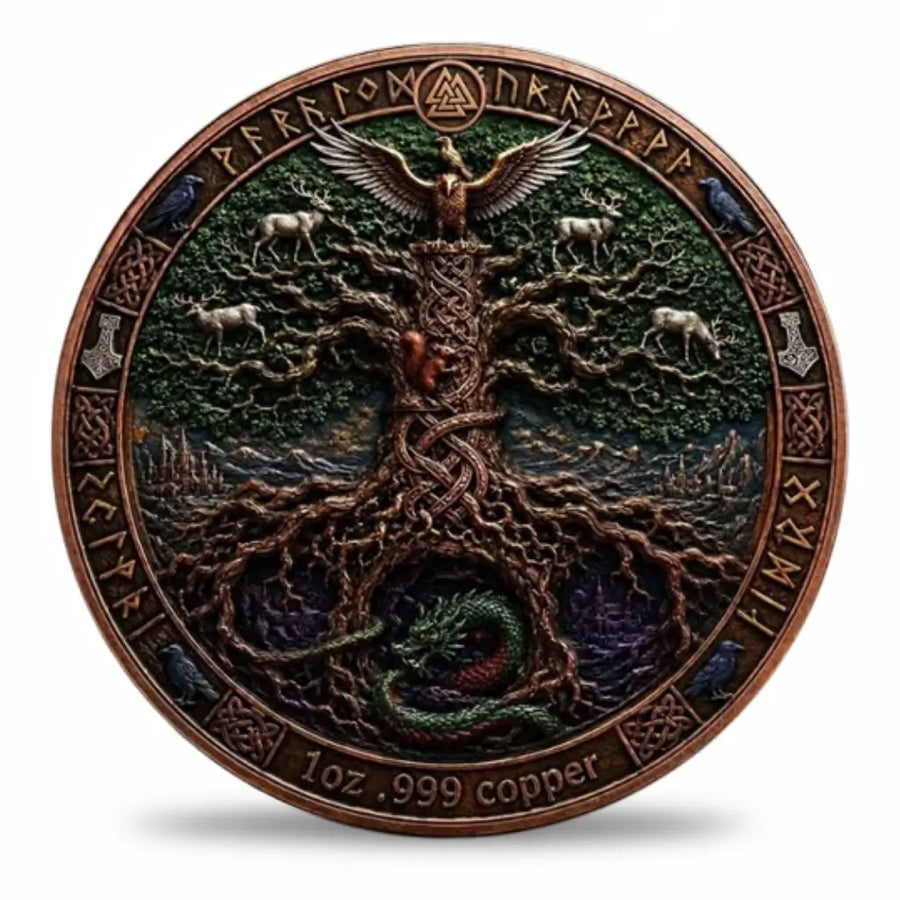 Viking Longship Yggdrasil coin reverse World Tree Yggdrasil Celtic knotwork roots Nidhoggr serpent white stags eagle crown ravens Valknut Elder Futhark runes Mjolnir outer band Norse mythology collectible token