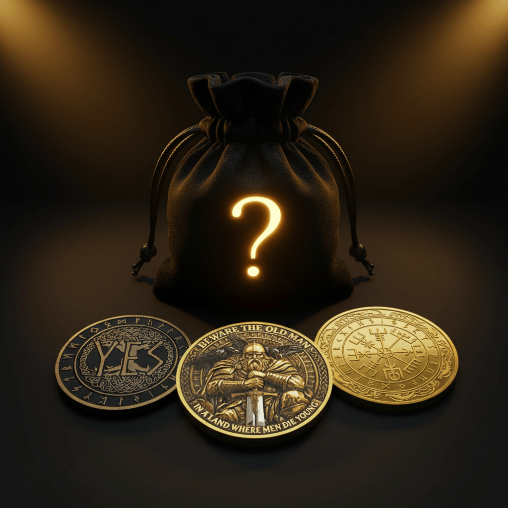 A black drawstring pouch with a glowing gold question mark sits on a dark surface, with three metallic challenge coins in front of it. The center coin is raised and shows an engraved figure holding a sword, with text around the edge.