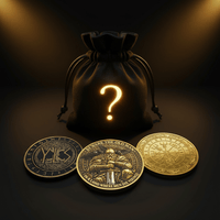 A black drawstring pouch with a glowing gold question mark sits on a dark surface, with three metallic challenge coins in front of it. The center coin is raised and shows an engraved figure holding a sword, with text around the edge.