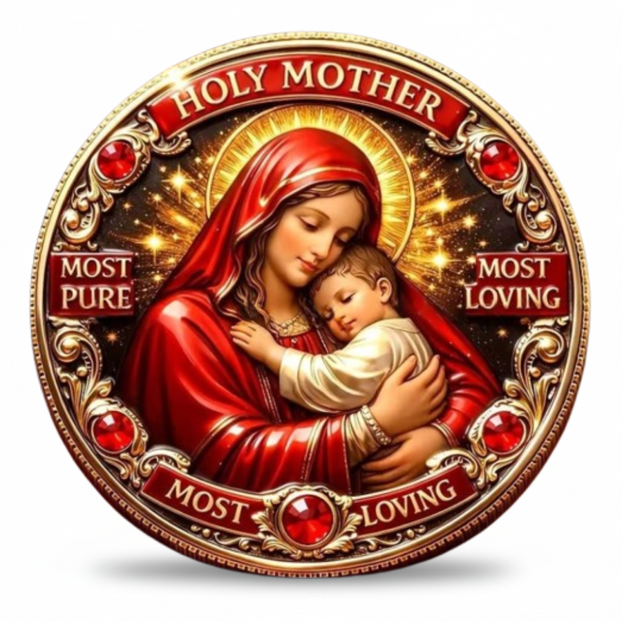 Virgin Mary Holy Mother devotional coin obverse Madonna and Child Most Pure Most Loving gold finish religious collectible available at One More Coin store
