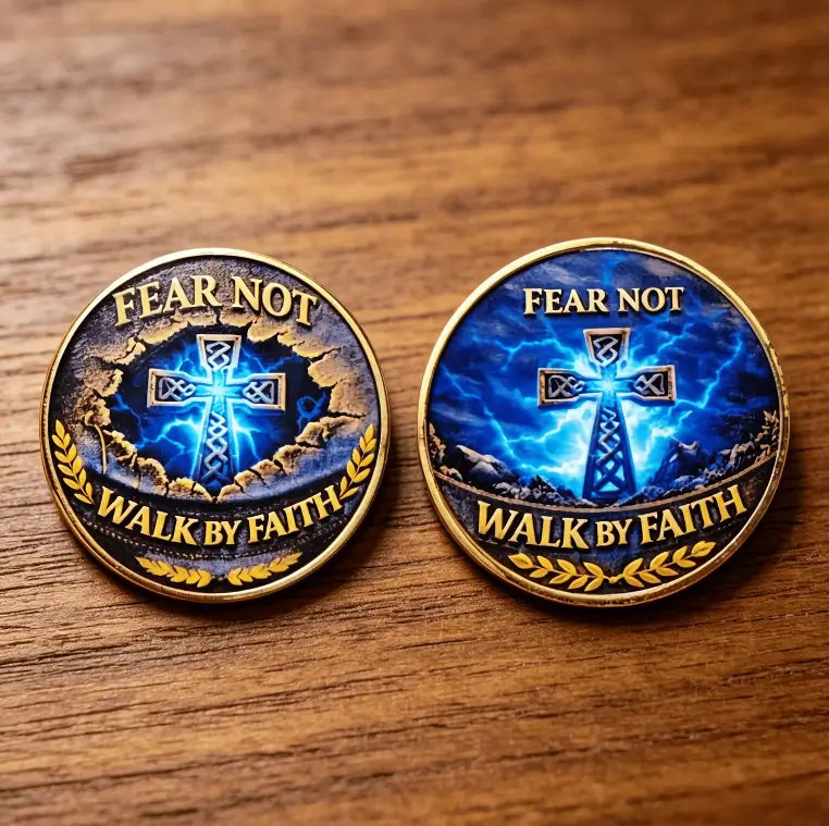 Two circular religious challenge coins with a blue lightning design, a central cross, and the text 'FEAR NOT WALK BY FAITH' on a wooden surface.