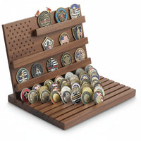Walnut wooden challenge coin holder with American flag design for veteran collections
