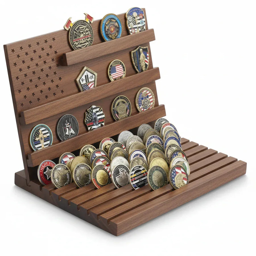 Walnut wooden challenge coin holder with American flag design for veteran collections
