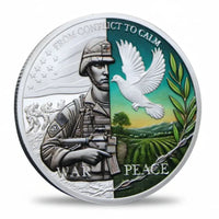 War and Peace commemorative coin From Conflict to Calm soldier and dove split design military peace collectible gift available at One More Coin store
