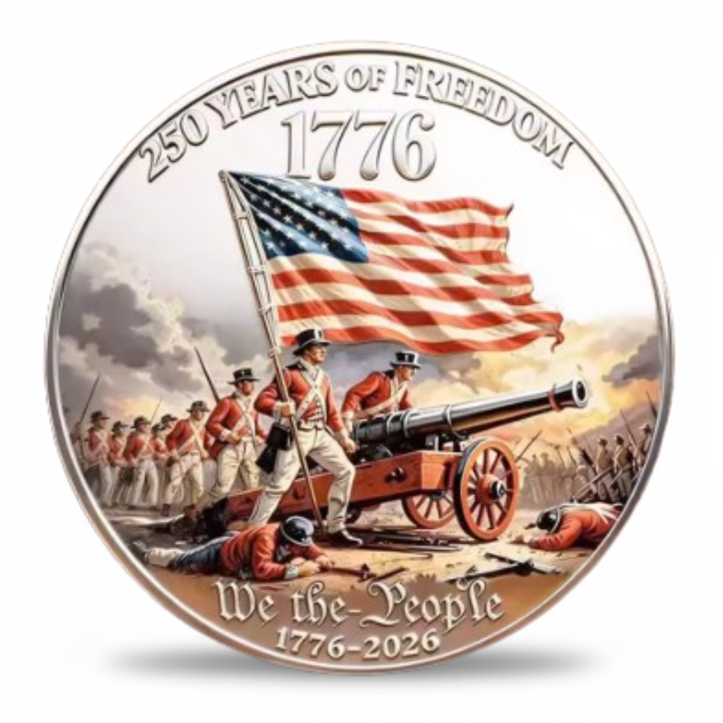 We the People 1776 coin Revolutionary War soldiers American flag cannon 250 years of freedom patriotic gift for collectors available at One More Coin store
