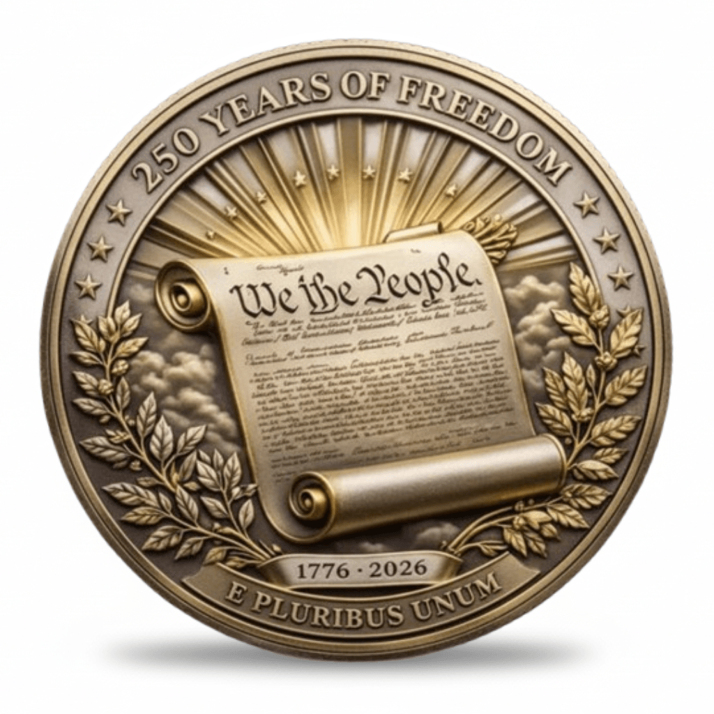 250 Years of Freedom We the People Constitution scroll 1776 2026 E Pluribus Unum commemorative coin reverse antique bronze patriotic collectible
