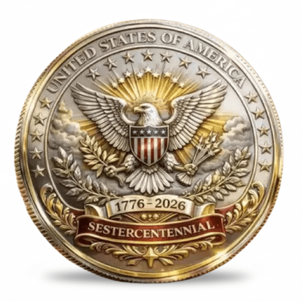 United States of America Sestercentennial 1776 2026 bald eagle commemorative coin front gold silver antique finish patriotic collectible available at One More Coin store
