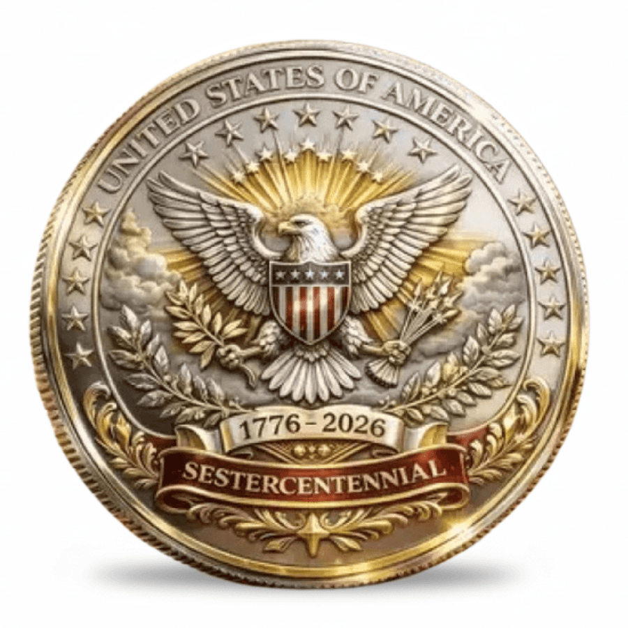 United States of America Sestercentennial 1776 2026 bald eagle commemorative coin front gold silver antique finish patriotic collectible available at One More Coin store
