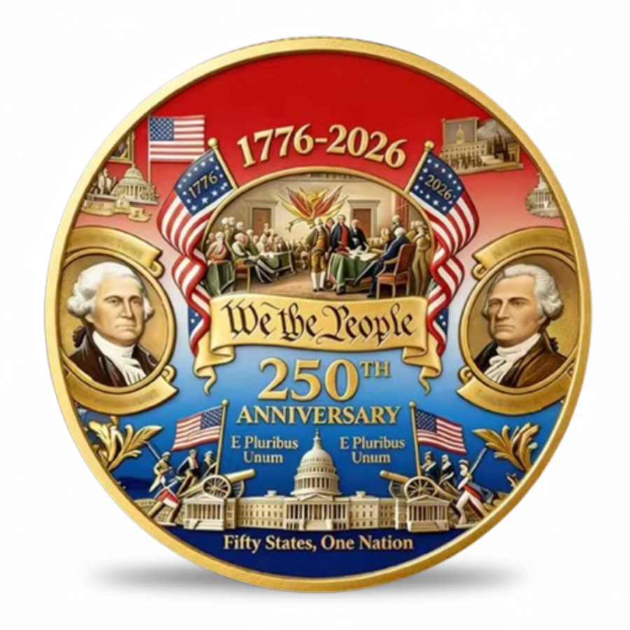 We the People 250th Anniversary coin obverse George Washington James Madison Declaration of Independence 1776 2026 Founding Fathers patriotic collectible coin token available at One More Coin store
