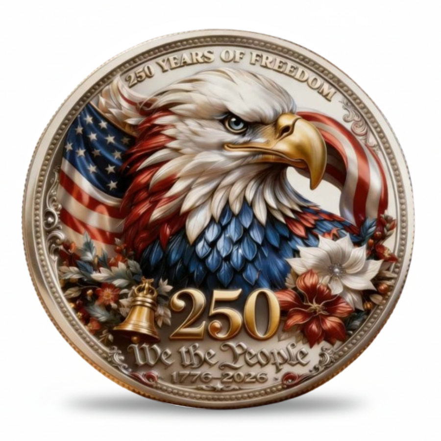 We the People Bald Eagle USA 250th anniversary collectible coin featuring close-up eagle portrait American flag 250 Years of Freedom We the People 1776 2026 full colour enamel patriotic commemorative collectible token available at One More Coin store

