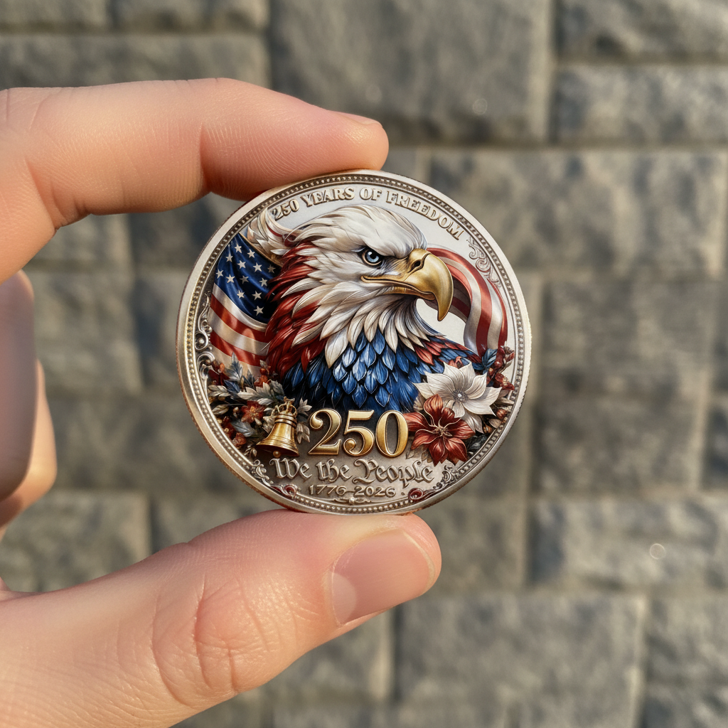 Hand holding We the People Bald Eagle USA 250th anniversary collectible coin stone monument background natural daylight patriotic commemorative collectible token lifestyle shot
