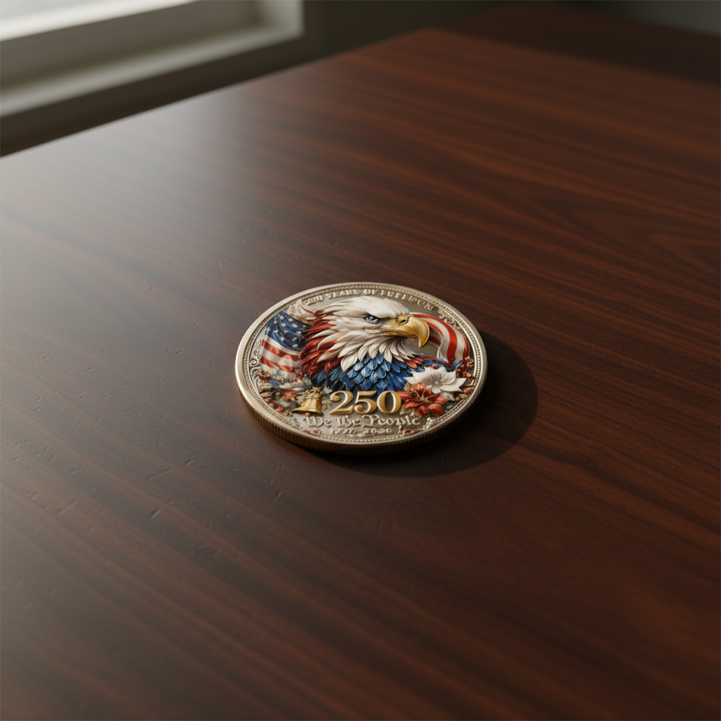 We the People Bald Eagle USA 250th anniversary collectible coin lying flat on dark mahogany desk warm natural lighting patriotic commemorative collectible token lifestyle shot
