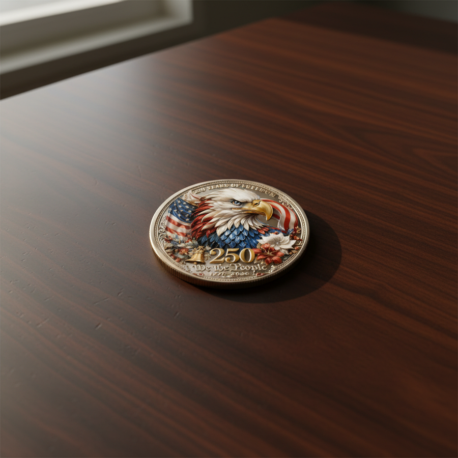 We the People Bald Eagle USA 250th anniversary collectible coin lying flat on dark mahogany desk warm natural lighting patriotic commemorative collectible token lifestyle shot
