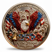 We the People Bald Eagle coin reverse featuring full eagle wings spread baroque scrollwork Liberty Bell United States of America 250 We the People 1776 2026 full colour enamel commemorative collectible token
