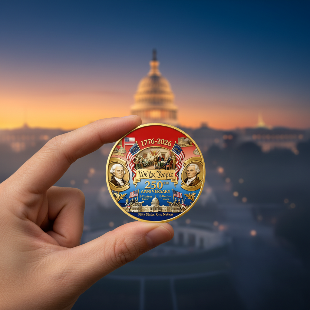 We the People coin obverse held against DC Capitol sunrise