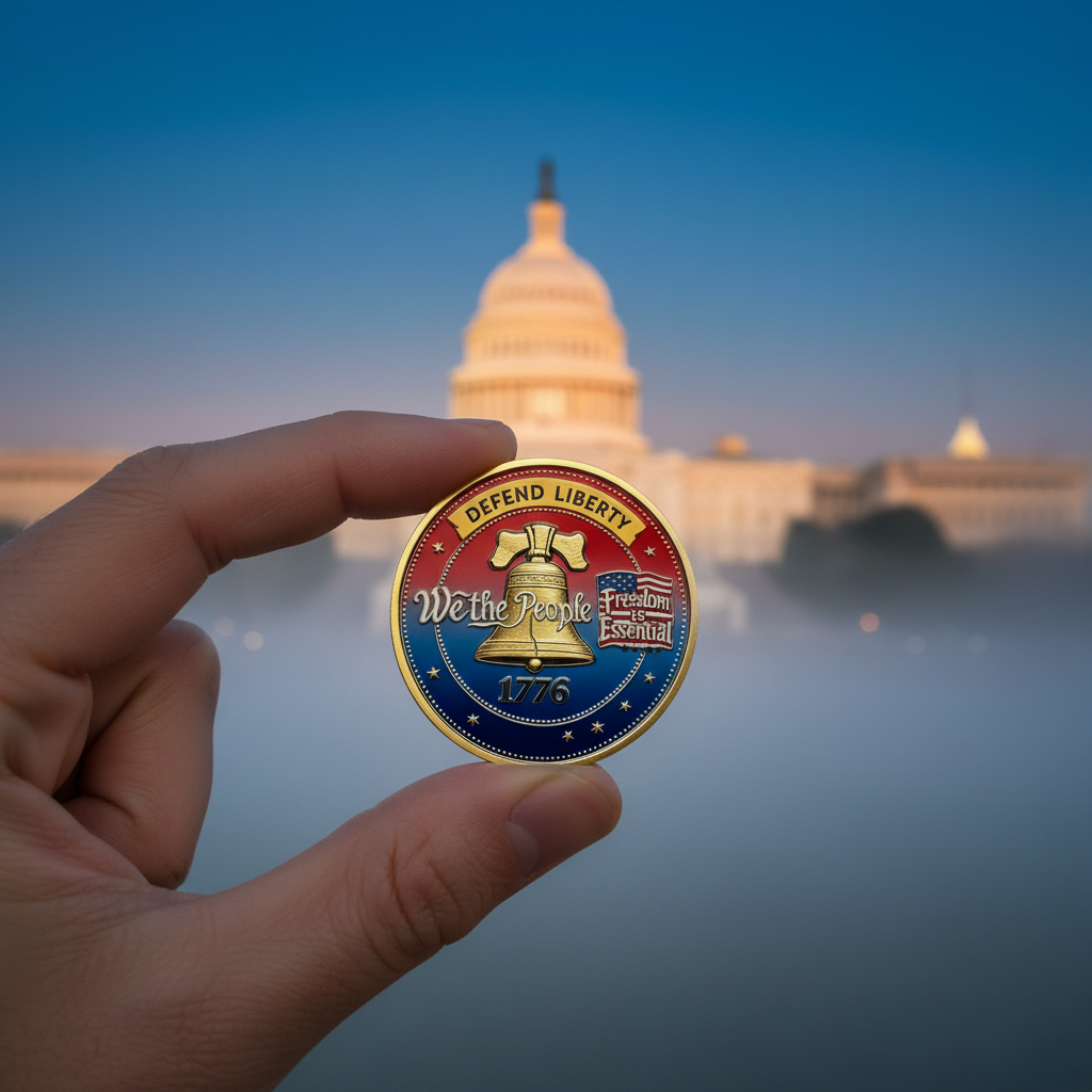 We the People coin reverse held against DC Capitol sunrise