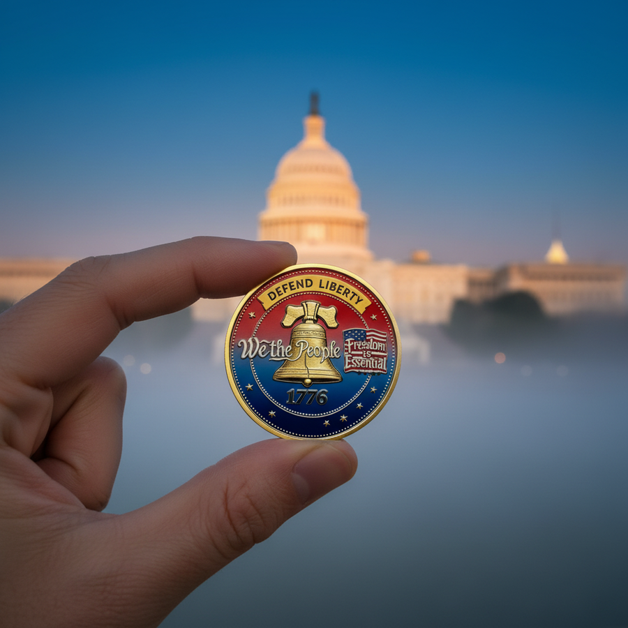 We the People coin reverse held against DC Capitol sunrise