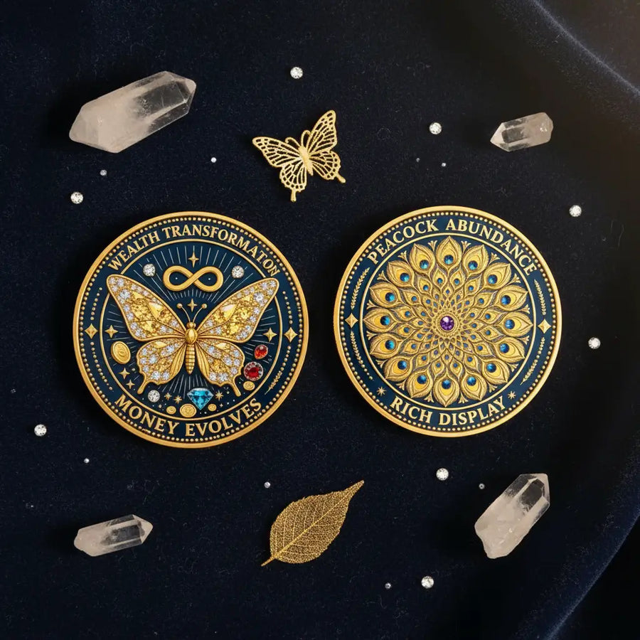 Wealth Transformation Butterfly Peacock coin both sides overhead flat lay deep navy velvet crystal quartz points gold butterfly charm rhinestones abundance prosperity lucky charm collectible