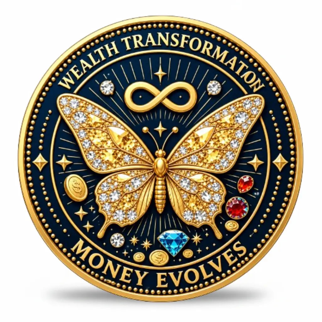 Wealth Transformation Butterfly Peacock coin front face gold crystal diamond butterfly infinity symbol ruby blue diamond dollar coins star sparkle deep navy enamel wealth transformation money evolves lucky charm collectible available at One More Coin store
