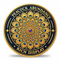 Wealth Transformation Butterfly Peacock coin reverse radial gold peacock feather mandala amethyst centre sapphire teal gemstone eyes laurel branches deep navy enamel peacock abundance rich display lucky charm collectible token
