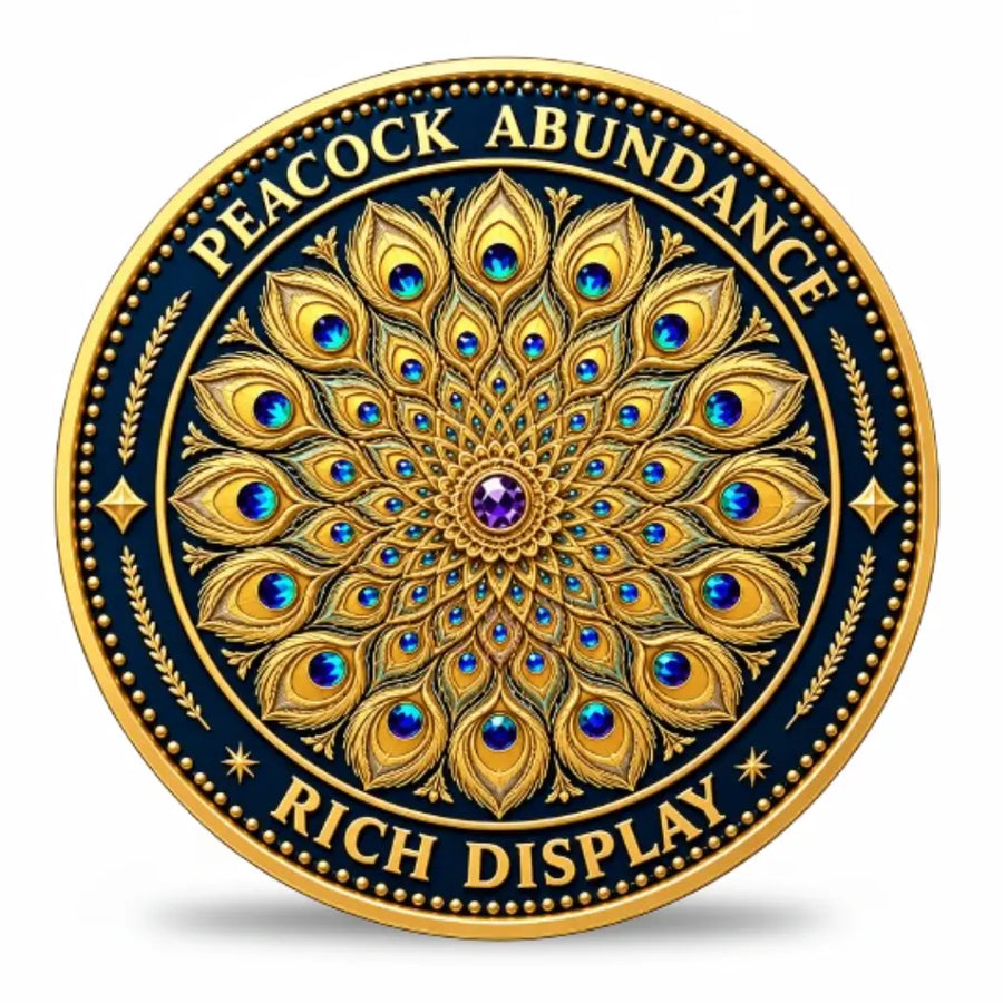 Wealth Transformation Butterfly Peacock coin reverse radial gold peacock feather mandala amethyst centre sapphire teal gemstone eyes laurel branches deep navy enamel peacock abundance rich display lucky charm collectible token
