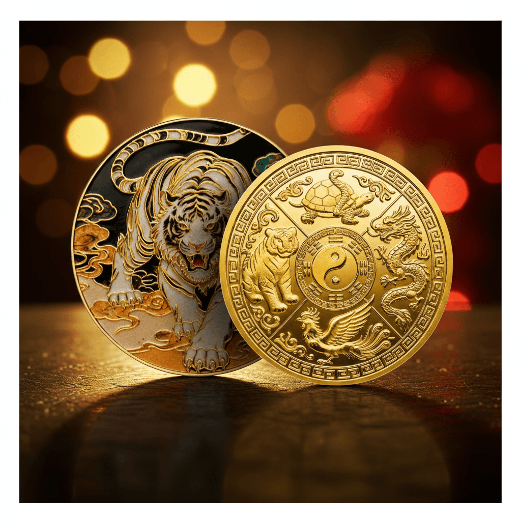 Two ornate gold-toned coins displayed on a reflective surface against a warm blurred bokeh background. One coin shows a tiger design with black and gold detailing, and the other shows a circular zodiac-style motif with a central yin-yang symbol and animal carvings.
