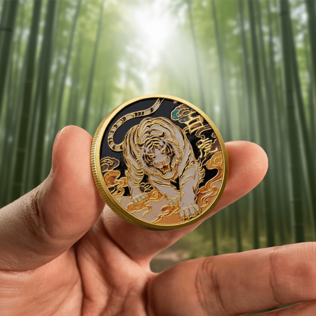 A hand holds a round gold-toned coin featuring an engraved tiger design with black, white, and gold details, set against a blurred green bamboo forest background.