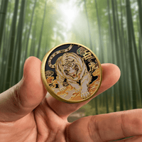 A hand holds a round gold-toned coin featuring an engraved tiger design with black, white, and gold details, set against a blurred green bamboo forest background.