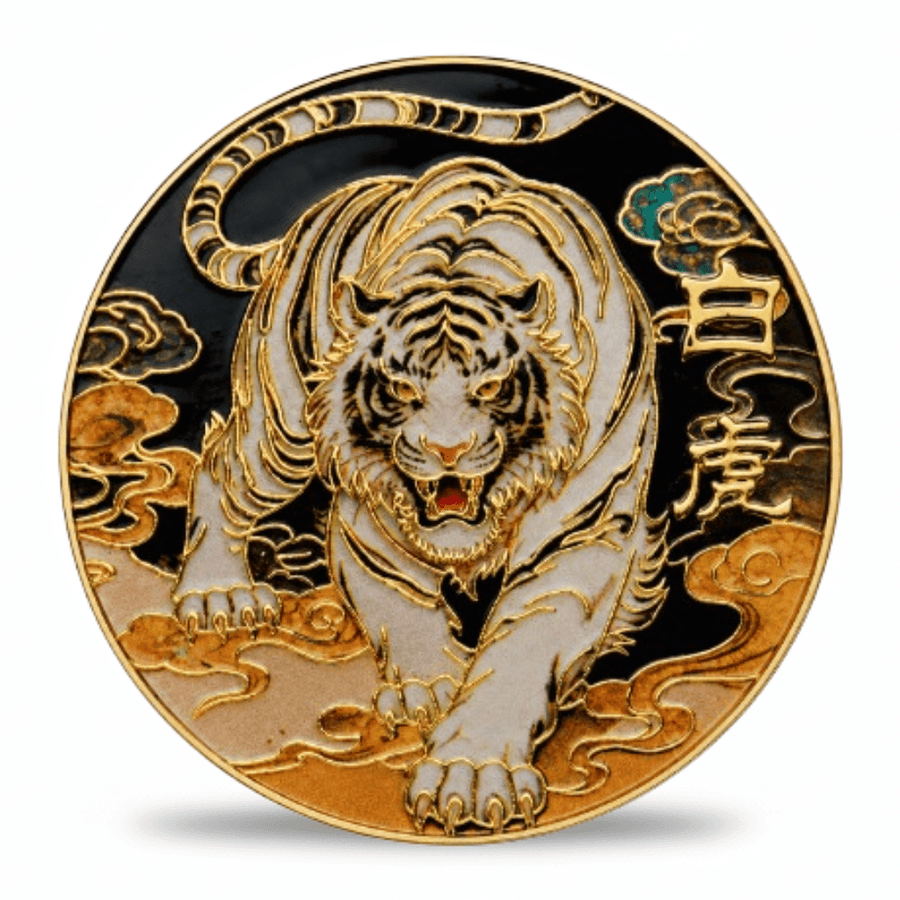 A round gold and white enamel coin featuring a detailed tiger design, with black enamel accents, cloud motifs, and Chinese characters on a white background. Available at one more coin store