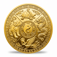 A round gold-toned decorative coin featuring embossed Chinese zodiac animals: a tiger, turtle, dragon, phoenix, and a central yin-yang symbol, shown on a white background with a soft shadow underneath.