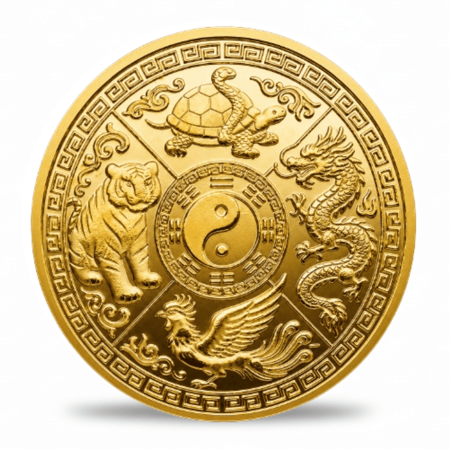 A round gold-toned decorative coin featuring embossed Chinese zodiac animals: a tiger, turtle, dragon, phoenix, and a central yin-yang symbol, shown on a white background with a soft shadow underneath.
