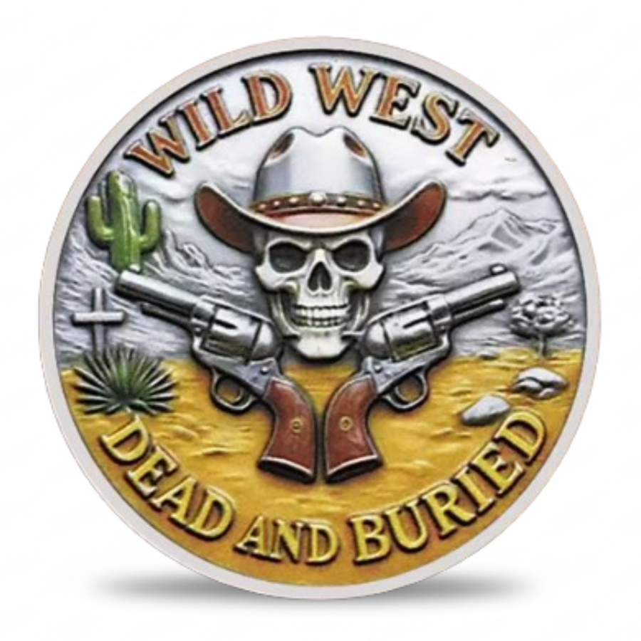 Wild West Dead and Buried skull cowboy coin colour enamel crossed revolvers desert cactus gold lettering Gothic Western collectible gift available at One More Coin store

