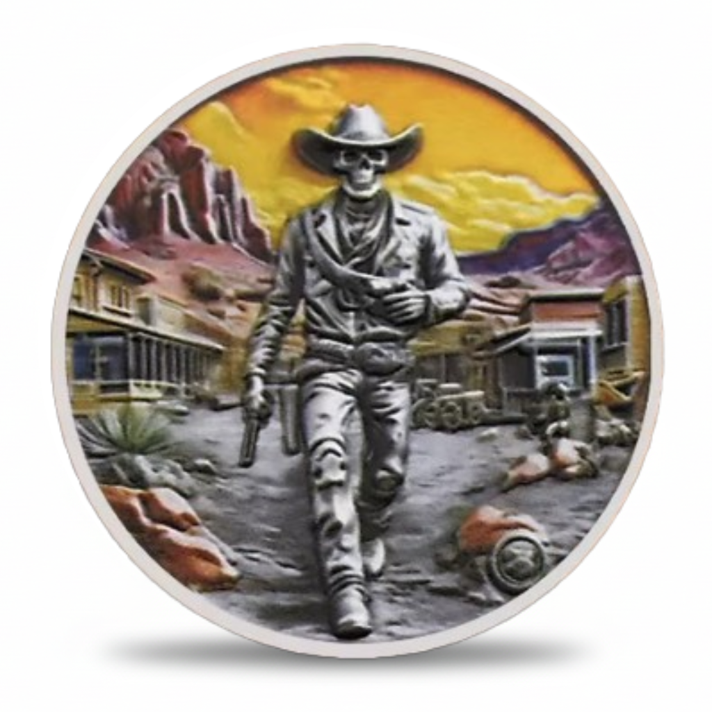 Decorative plate with a cowboy design against a mountainous desert backdrop